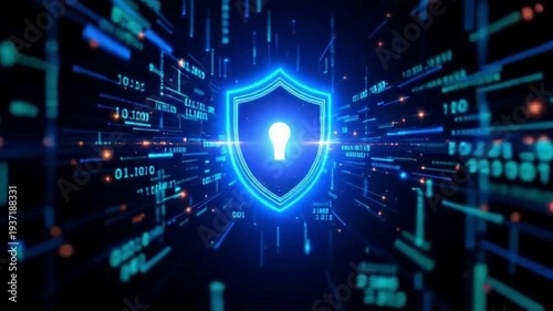 Glowing blue shield with keyhole surrounded by dynamic digital code streams