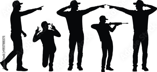 Collection of five black male silhouettes wearing baseball caps displaying various dynamic poses including pointing shooting and making peace signs against a stark white background