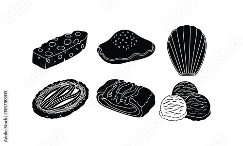 Black and white illustration of various baked goods and sweets