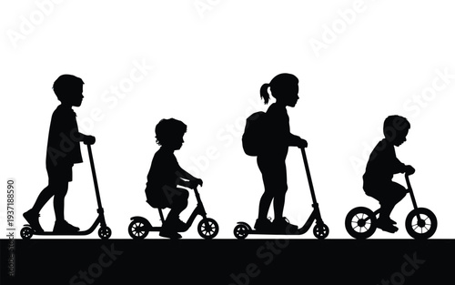 Kids riding bicycle, and scooter silhouettes, playful children outdoor activity vector illustration, boy and girl cycling and scootering, childhood lifestyle concept isolated on white background.