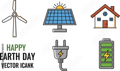 Eco friendly earth day vector icons promoting renewable energy and sustainability