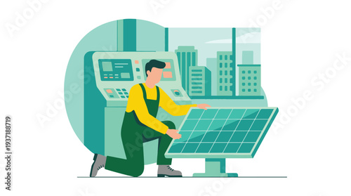 Man working with solar panel for renewable energy in a modern cityscape