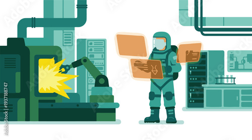 Robotic arm processing in factory, monitored by technician with AR interface