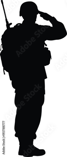 Silhouette of a heavily equipped soldier standing at attention rendering a formal hand salute while wearing a helmet and carrying essential gear on their back.