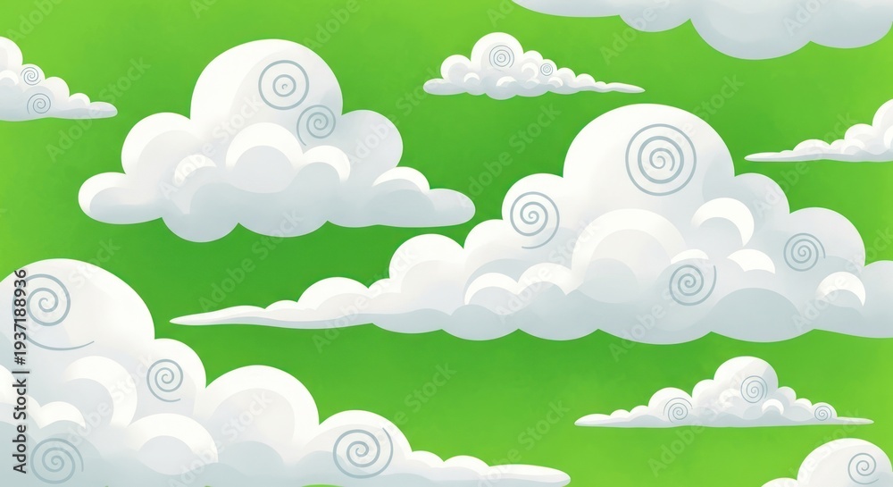 Fototapeta premium Playful Cartoon Clouds Floating Across Green Sky.