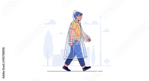 Young Man in a Transparent Raincoat over Yellow Shirt Walking in a Bright Outdoor Setting