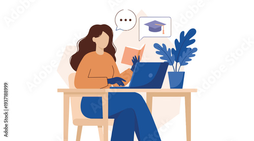 Online education concept: woman with laptop, book and graduation goal