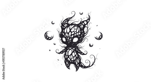 Abstract dark mystical butterfly-like entity with moons, isolated white background.