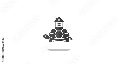 Monochrome turtle carrying a small house on its back, isolated white background.