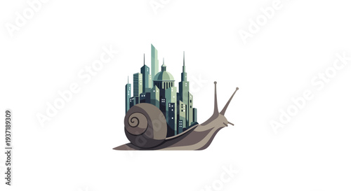 Detailed Snail with a Gray City Skyline on its Shell Depicting Urbanization and Environment on Isolated White Background