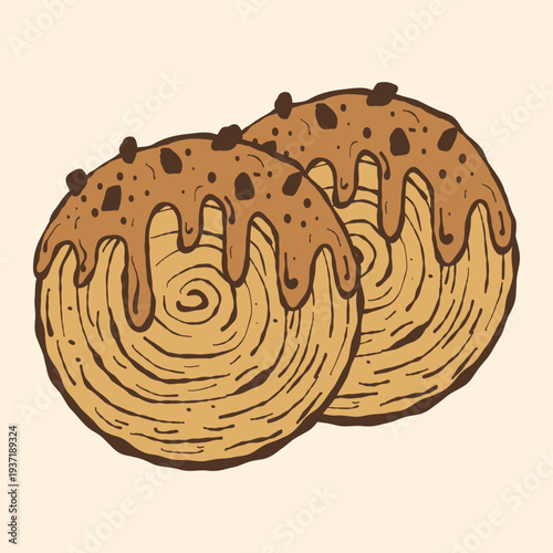 Pain aux raisins Illustration. Pain russe croissant. Traditional hand drawn bakery dessert, pastry