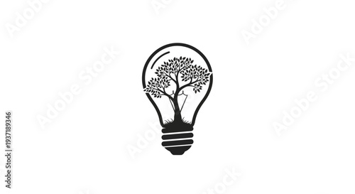 Conceptual Light Bulb with a Growing Tree Inside as an Eco-Friendly Idea Symbol in Black and White Outline on Isolated White Background