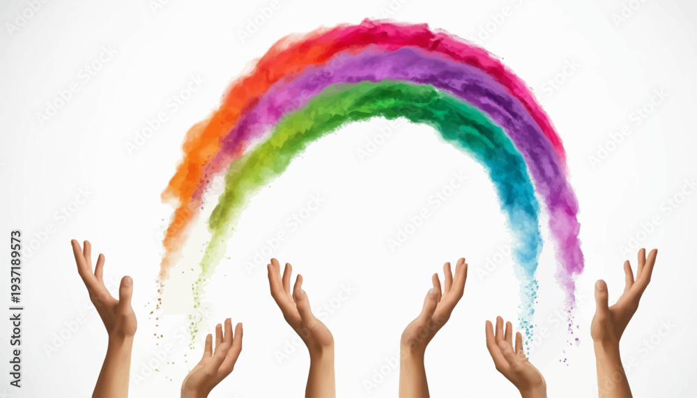 Fototapeta premium Hands releasing colorful powder in a rainbow shape against a white background, celebrating Holi festival day with vibrant colors and joyful tradition.