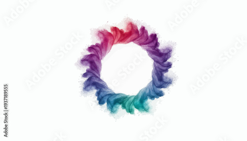 A colorful, abstract illustration of a circular frame with a rainbow-colored design on a white background, representing Holi festival celebration.