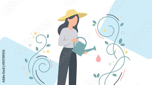 Woman in hat watering plants with a can, minimalist garden illustration