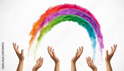 Hands releasing colorful powder in a rainbow shape against a white background, celebrating Holi festival day with vibrant colors and joyful tradition.