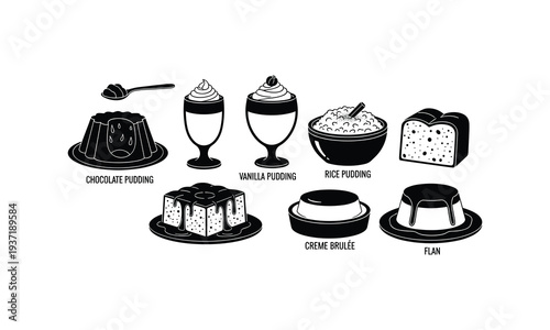 An illustration featuring various desserts in a black and white style