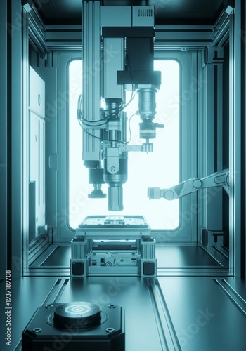 Advanced Robotic Arm Assembling Microchip in Futuristic Factory