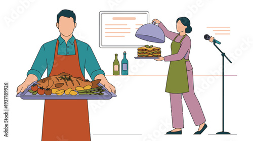 Chefs Presenting Delicious Dishes: Baked Fish and Lasagna at a Culinary Event