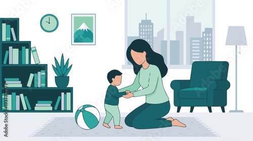 Mother Helping Toddler Learn to Walk in a Cozy Home Environment