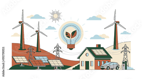Clean Energy Landscape with Solar Panels, Wind Turbines, and EV Charging