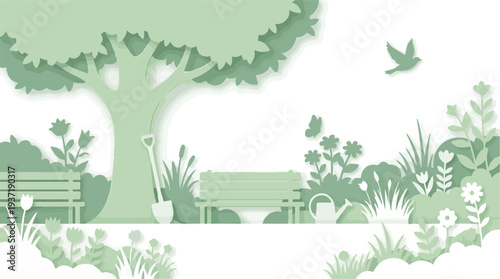 Green paper cut garden scene with tree, benches, flowers, bird, and tools
