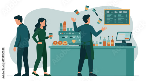 Barista Juggling Coffee Cups While Serving Customers in a Bustling Cafe