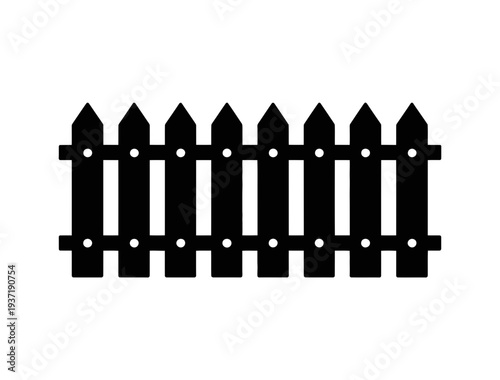 A minimalist black silhouette of a wooden picket fence on a white background