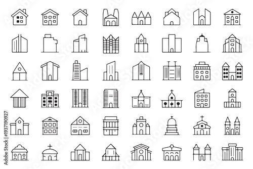 Large collection of building line icons featuring houses skyscrapers and religious structures