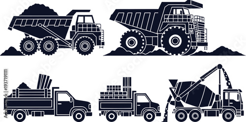 Construction Vehicles Set Heavy Duty Trucks and Loaders Silhouettes Keywords: construction, truck, vehicle, heavy, industry