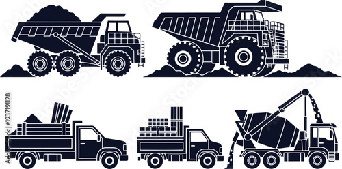 Construction Vehicles Set Heavy Duty Trucks and Loaders Silhouettes Keywords: construction, truck, vehicle, heavy, industry