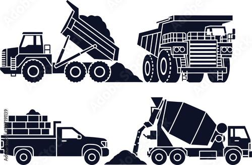 Construction Vehicles Set Heavy Duty Trucks and Loaders Silhouettes Keywords: construction, truck, vehicle, heavy, industry