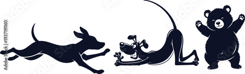 Dynamic Silhouettes of a Running Dog, Playful Dog, and Standing Bear Keywords: dog, bear, running, playful, silhouette, dark blue