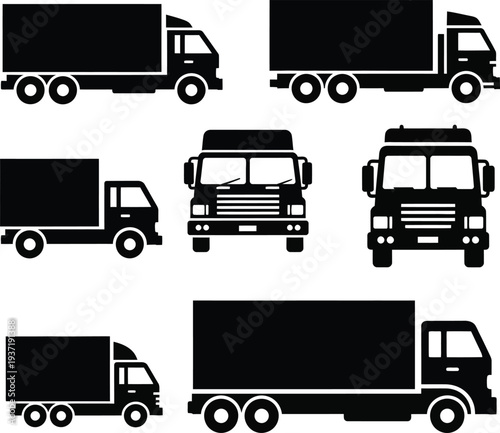 Collection of Black Truck Silhouettes in Various Views and Sizes lorry vehicle
