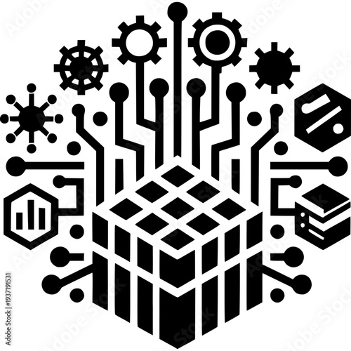 Data Processing and Analysis: An intricate graphic depicts a sophisticated data processing system, showcasing the convergence of data, analytics, and technological innovation. 