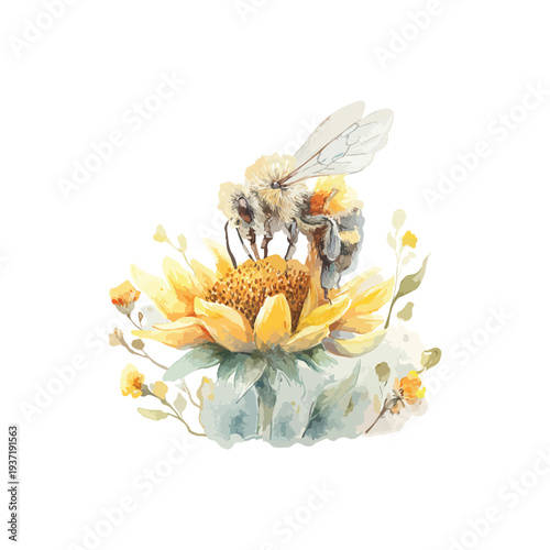 Cute bee on a sunflower sucking nectar watercolor vector, white background
