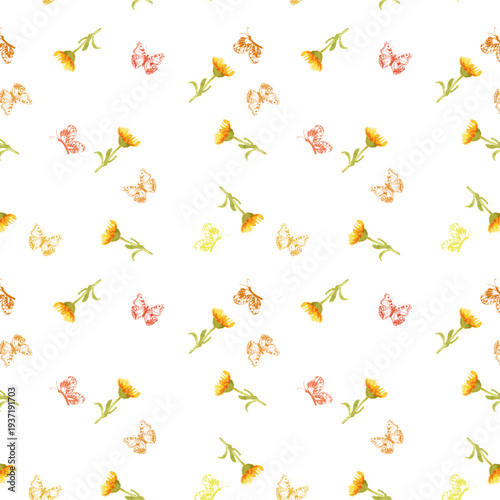 Pattern con fiori gialli e farfalle su sfondo bianco