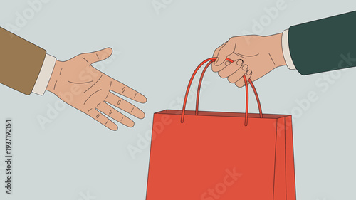 Two hands exchanging a red shopping bag on light blue background