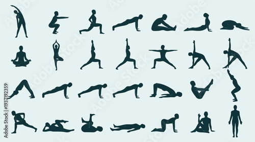 Collection of various yoga poses silhouettes for fitness and meditation