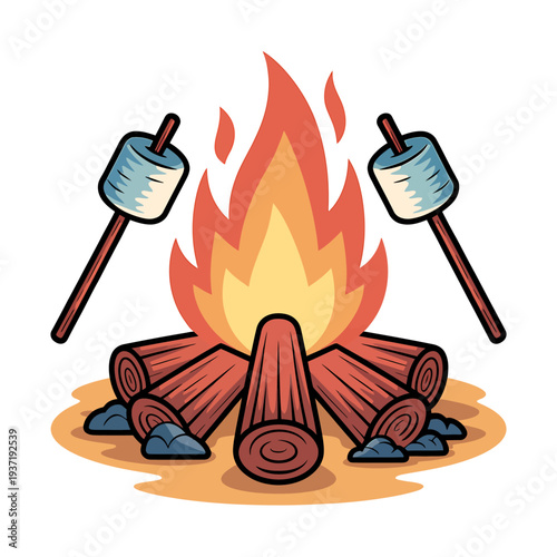 Cartoon campfire with marshmallows on sticks and burning wood logs