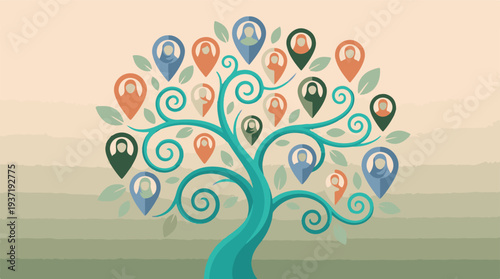 Diverse Muslim community tree with people icons in location pins