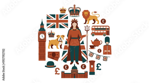 British culture and travel icons in a circular flat design illustration
