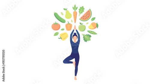 Yoga woman in tree pose with fresh fruits and vegetables for healthy lifestyle