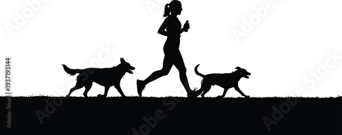 Woman jogging with two dogs on grass running pets