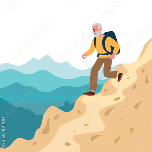 Elderly man hiking on rocky terrain with mountains in background. Elderly set