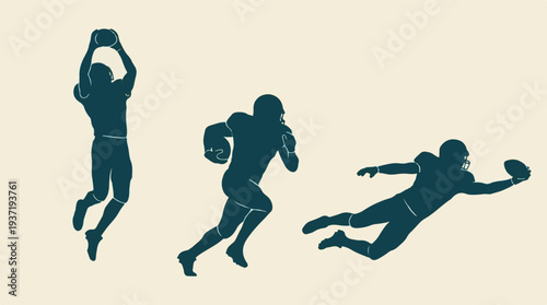 American Football Players Silhouettes: Catching, Running, and Diving Actions