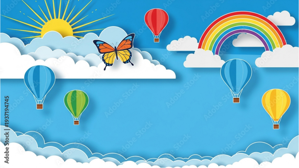 Αυτοκόλλητο A vibrant butterfly flies among colorful hot air balloons under a bright sun and