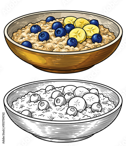 Illustration of two bowls of cereal with fruit and nuts from a top-down viewpoint