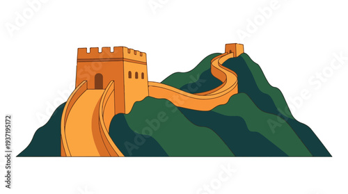 Great Wall of China illustration winding through green mountains