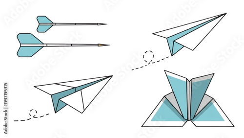 Paper airplane transforming into dart illustration showcasing flight motion from different viewpoints
